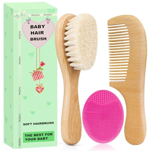 Molylove Baby Hair Brush with Wooden Handle and Comb Set for Newborns Toddlers Natural Soft Goat Bristles l Wood Comb l Rose Red Cradle Cap Brush Ideal for Cradle Cap 3 Piece