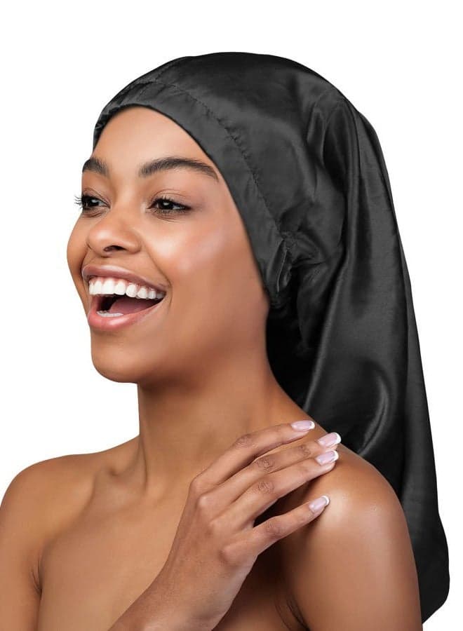 Extra Long Satin Bonnet Sleeping Hat Beanie Cap Baggy Hair Covering Black