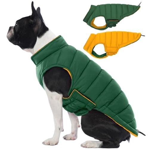 Lelepet Reversible Dog Coat Waterproof Dog Jacket Windproof Puffer Vest for Winter Warm Lightweight Coats for Small Dogs Adjustbale Hook & Loop Pet Apparel with Leash Hole, Pug, Green, M