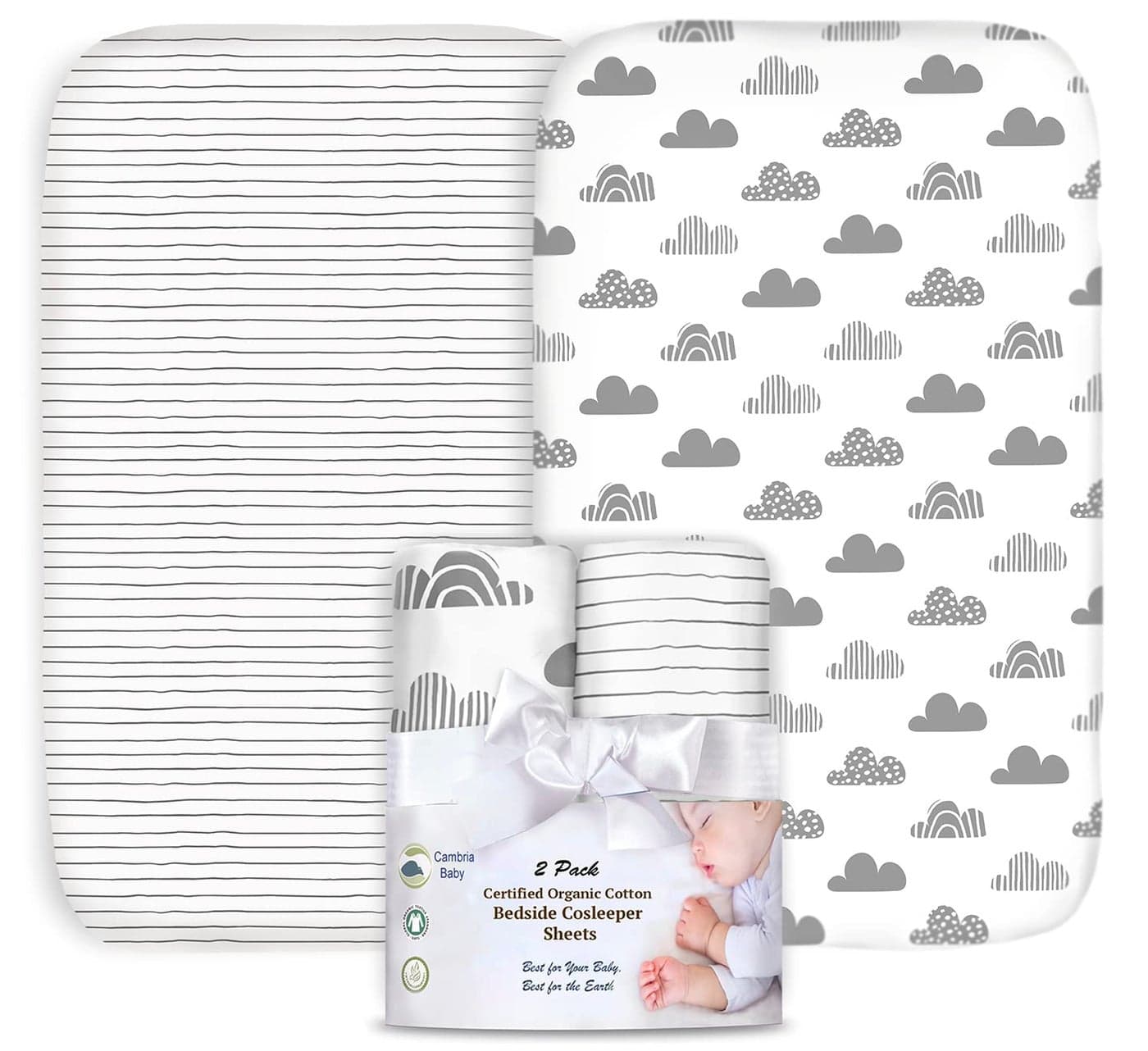 100% Organic Cotton 2 Pk of Bedside Sleeper Bassinet Fitted Mattress Sheets for Mika Micky, Baby Delight, Ronbei, Chicco, KoolerThings, Cloud Baby, AMKE, Angelbliss, Maxi-COSI, Arm's Reach, and More.