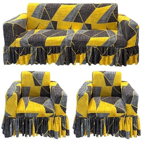 Gifts Island® Sofa Cover 5 Seater Fully Covered Universal Polycotton Spandex Sofa Cover with 360° Frill Non-Slip Sticky Elastic Stretchable Sofa Set Slipcover for (3+1+1 Seater), Yellow Prism