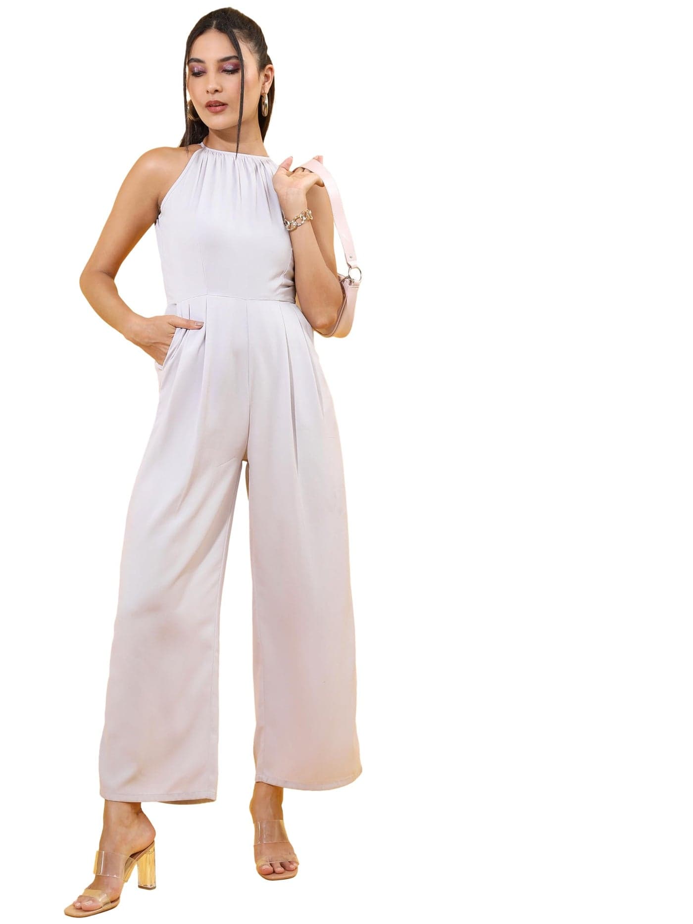 Tokyo Talkies Women Halter Neck Basic Jumpsuit | Sleeveless | Sleek & Minimalist Design | Perfect for Casual, Party & Evening Wear