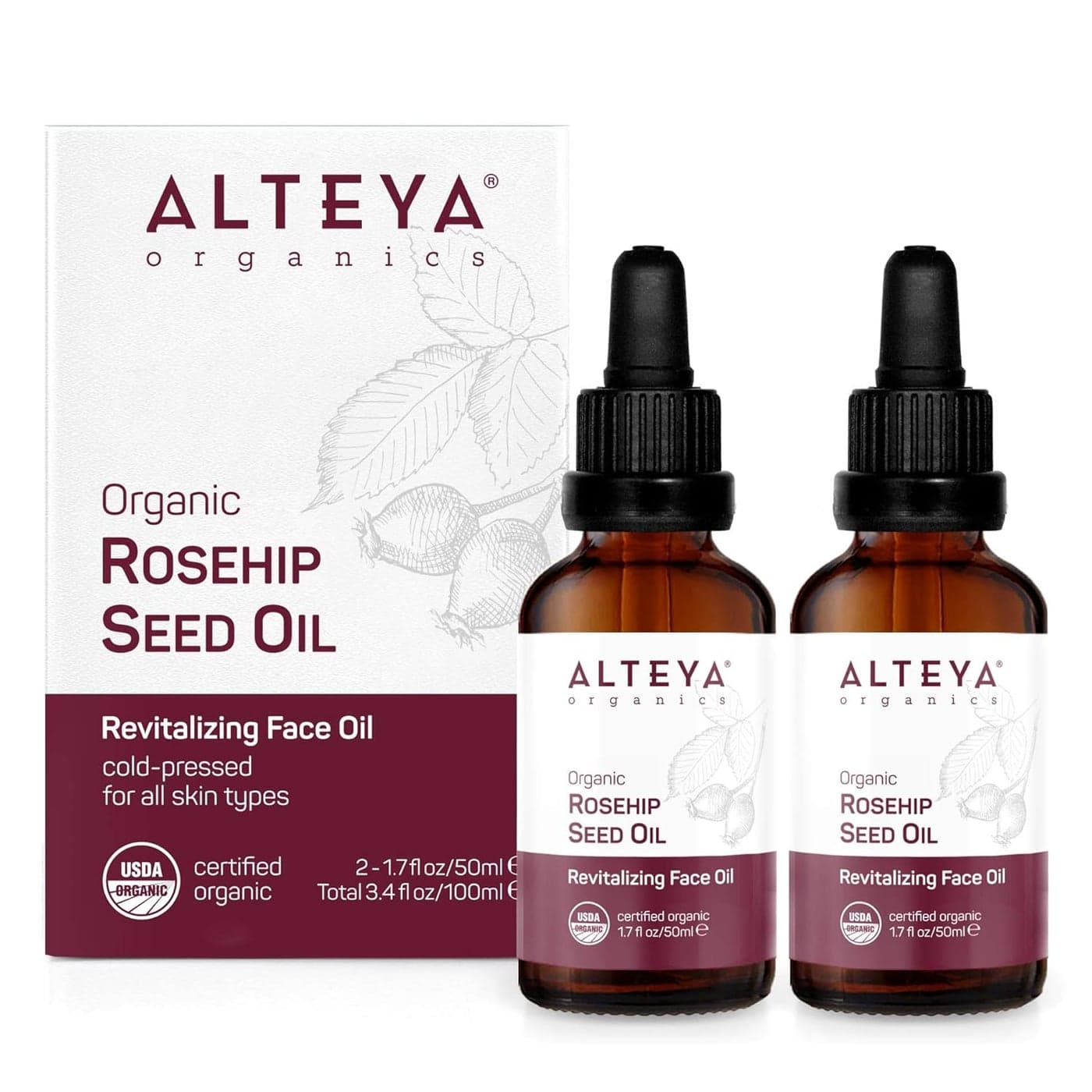 Alteya Rosehip Seed Oil USDA Certified Organic Face Oil 2x17 Fl Oz Glass Bottles with Pipette AllNatural Moisturizer