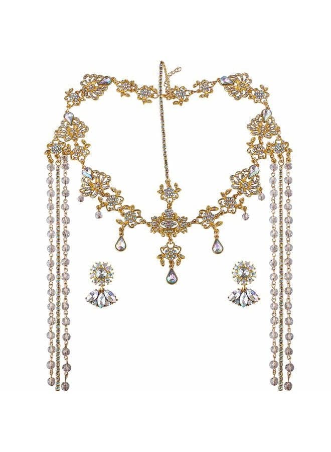 Bridal Headband and Earrings Crystal Jewelry Set Wedding Headpiece for Women Brides Tiara Rhinestone Hair Accessories Gold