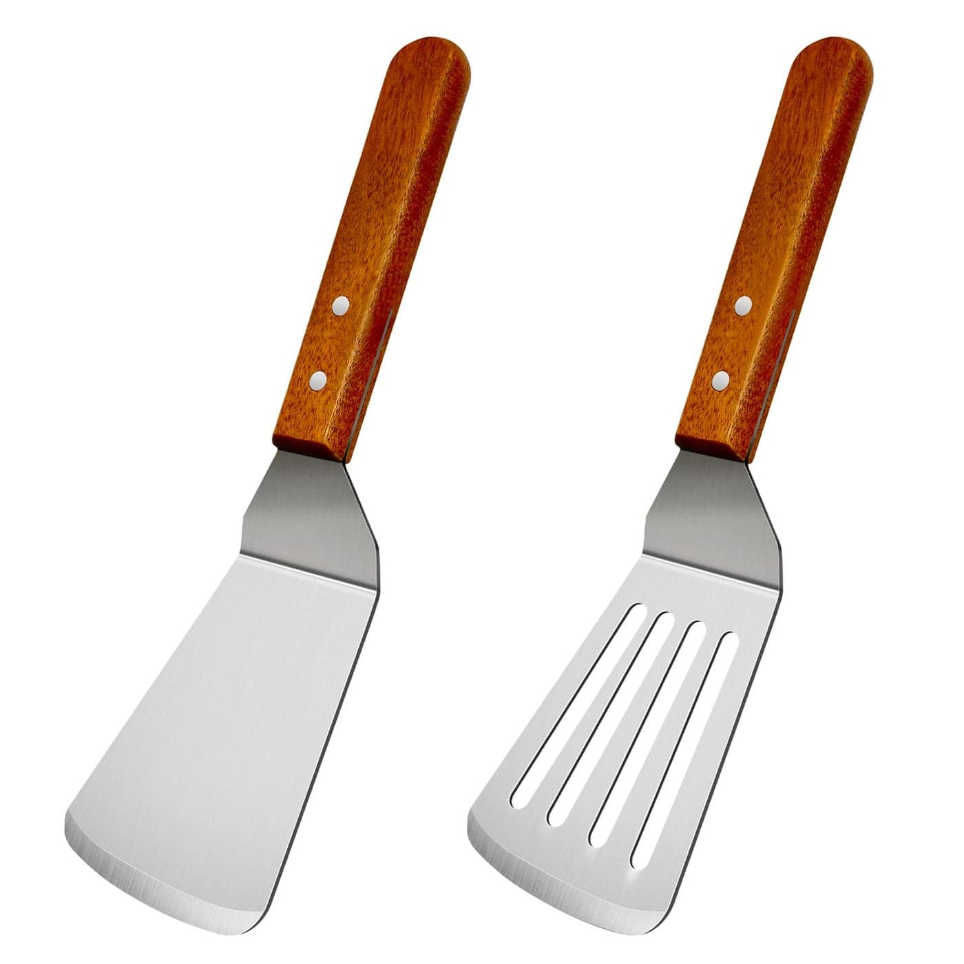 KLAQQED 2Pcs Metal Spatulas Set Metal Spatula for Cast Iron Skillet Cooking Utensils Fish Egg Grill Spatula Stainless Steel Slotted Spatula Wok Flat Top Small Metal Spatula Turner with Wood Handle