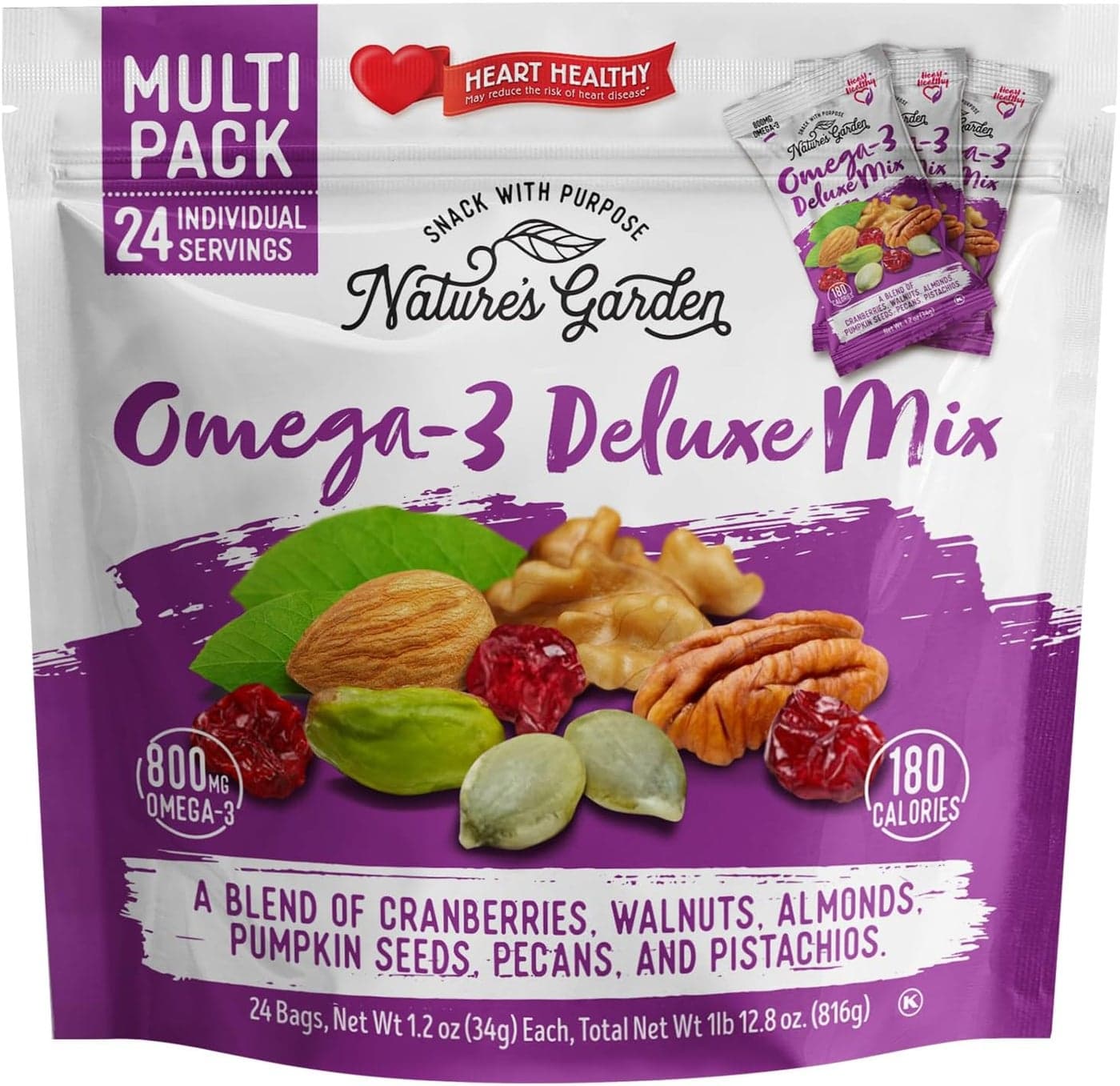 Nature's Garden Omega-3 Deluxe Mix - Heart Healthy Trail Mix with Nuts and Cranberries, 24 Individual 1.2 oz Bags