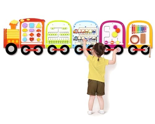 Joyreal Train Activity Wall Busy Board Panels 8in1 Toddler Learning Activity Center Wooden Montessori Sensory Toys for Playroom Daycare Classroom Educational Toy for AllRound Development