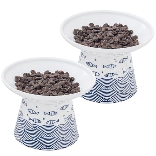 OMAYKEY Extra Wide Cat Bowls, 6.25 Inch Ceramic Raised Cat Bowl Set for Food & Water, Wide Shallow Pet Food Dish, Anti Vomiting, Stress Free, Whisker Fatigue, 2 Packs, Blue
