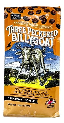 Ravens Brew Coffee Three Peckered Billy Goat 12 Ounce Dark Roast Full Body with a Long Sweet Finish Whole Bean 12 oz
