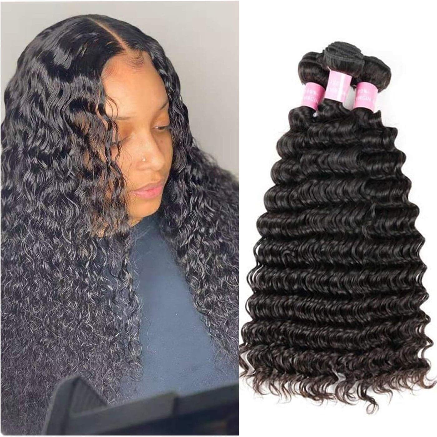 Miss GAGA 3 Bundles 9A Deep Wave 24 26 28 100 Unprocessed Virgin Human Hair Brazilian Deep Wave 3 Bundles No Shedding Natural Black Color Can Be Dyed and Bleached