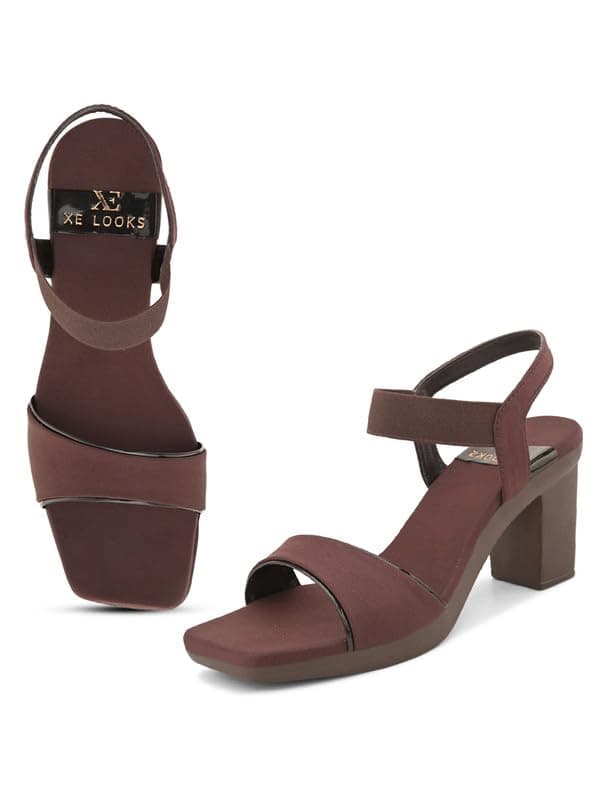 XE Looks Women's Brown Stylish Block Heels | Open-Toe Sandals with Elastic Support | Anti-Skid Sole & Cushioned Footbed Block Heels For Girls & Women