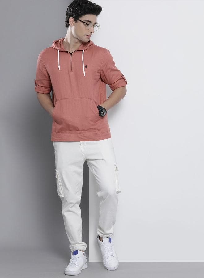 Men Pink Hooded Shirt with Quarter Zip