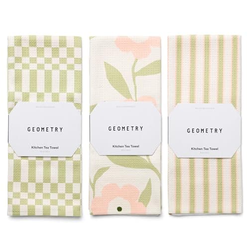 GEOMETRY Tea Towels – Spring & Summer Collection – Quick-Dry, Ultra-Absorbent, Reusable Microfiber Kitchen Towels for Drying & Cleaning - Meadowlight - 3 Pack