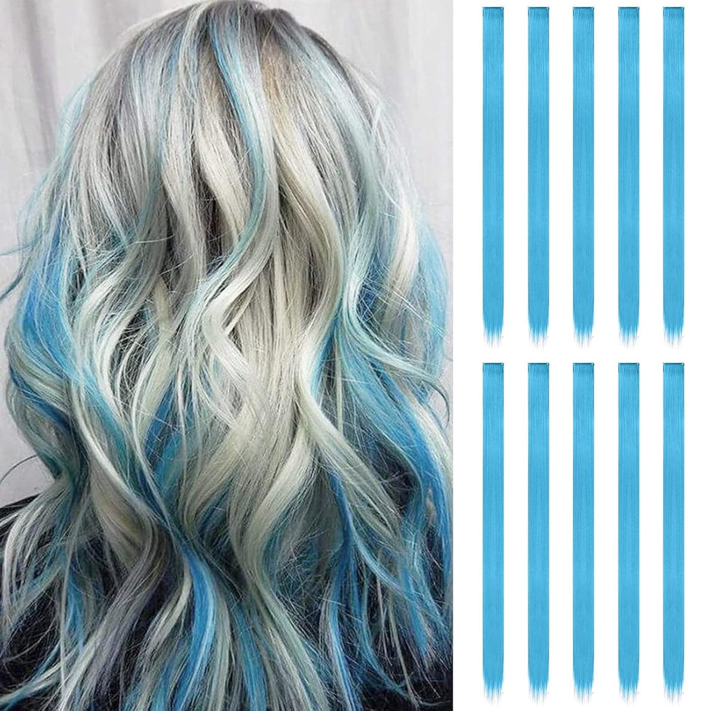 FESHFEN Colored Clip in Hair Extensions 10 PCS Skyblue Light Blue Highlighted Hair Piece Straight Synthetic Clip in Hairpieces for Women 22 inch