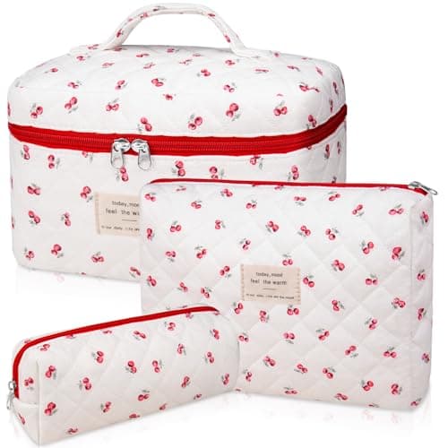 Gosect 3pc Makeup Bag Set Quilted Makeup Bag Set Large Floral Cosmetic Bag for Women Cute Cotton Makeup Bags Flower Travel Toiletry Organizer Bag Pink Cherry Flowers