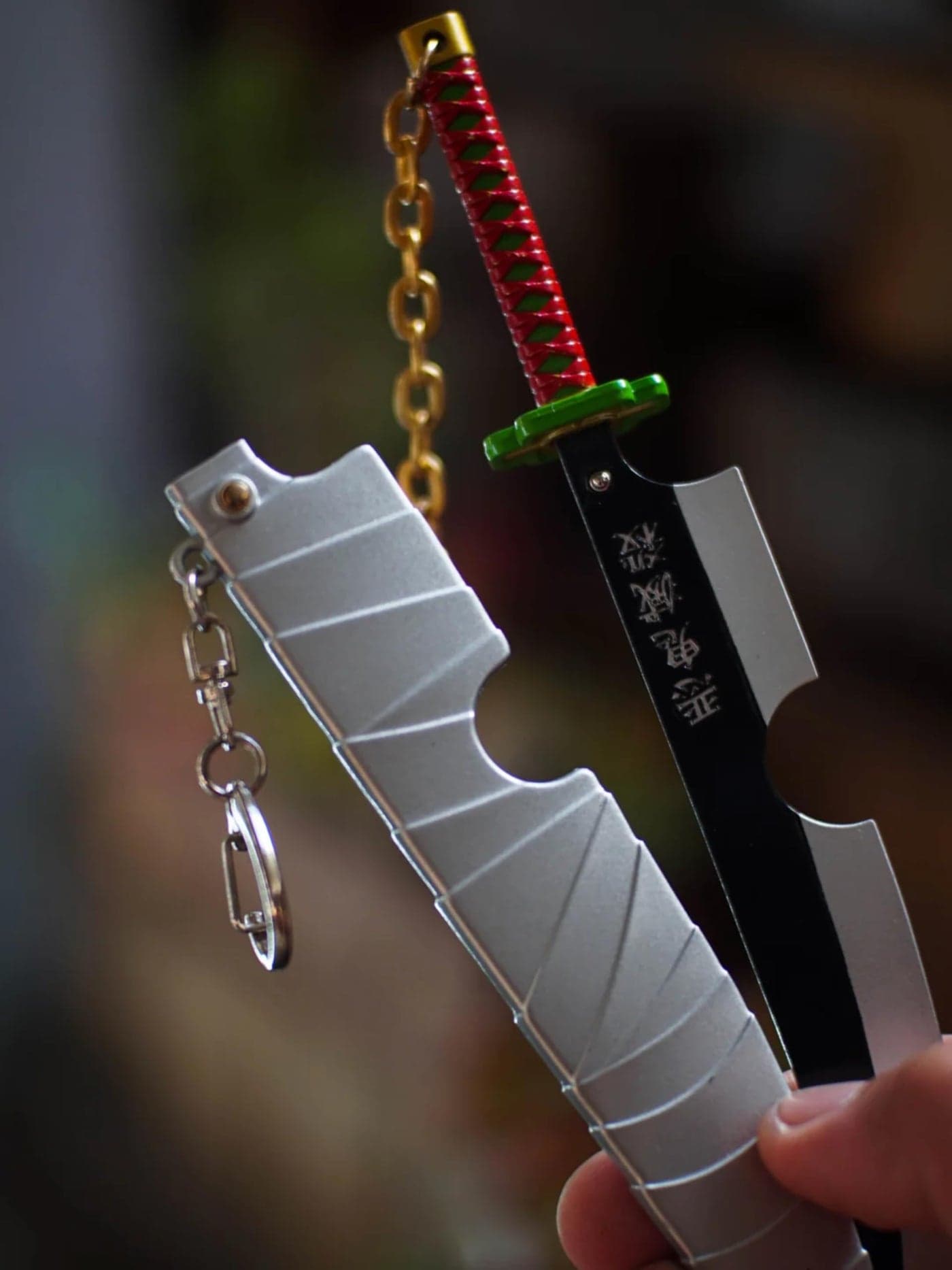 Animeow Metal Mini Katana Keyrings | Aesthetic Miniature with Ejection Button | Complimentary Display Stand | Handcrafted and Handpainted |, Multicolor