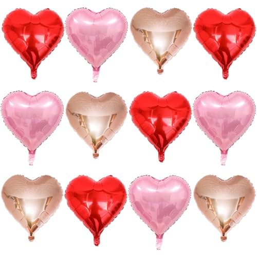 Heart Balloons Pack of 12 Mothers Day Balloons Red Heart Balloon Rose Gold Balloon Pink Ballons Heart Shaped Foil Balloons for Mothers Day Valentines Day Wedding Engagement Party Decorations