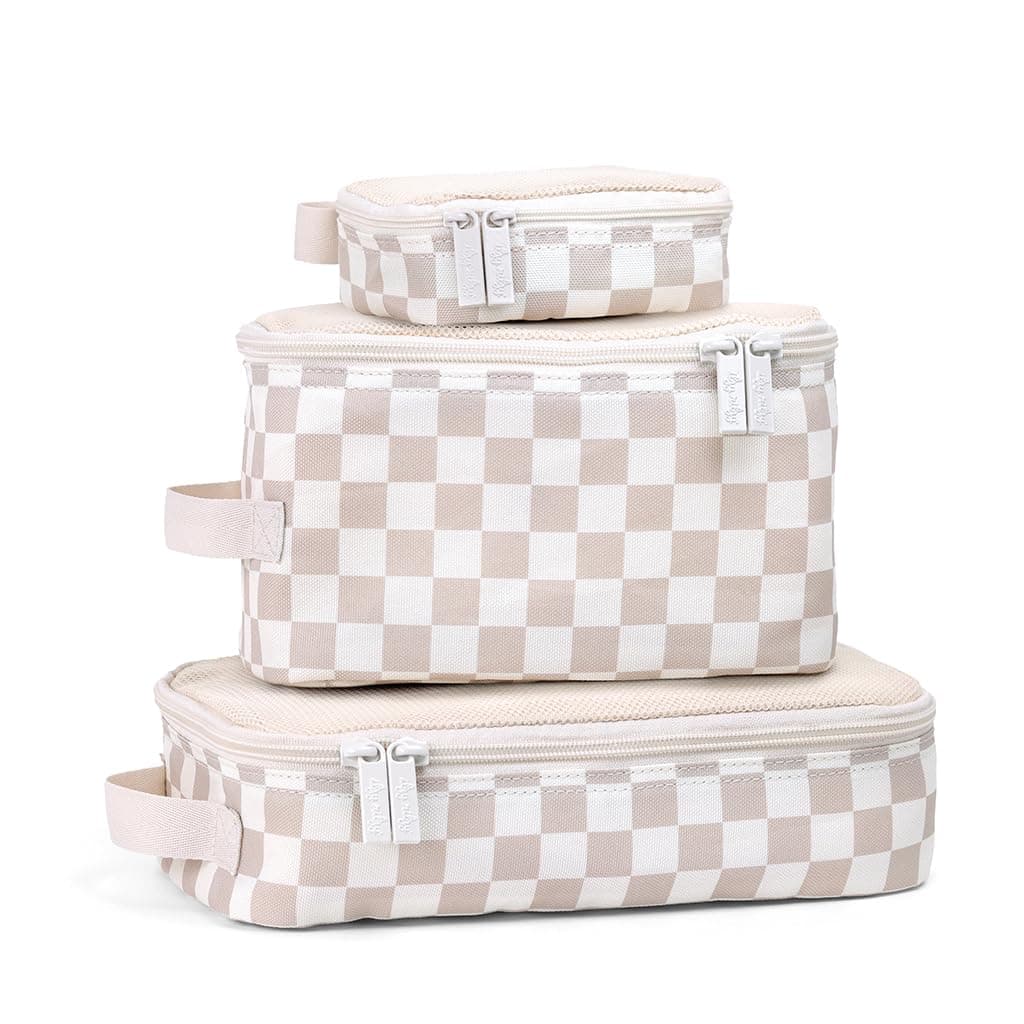 Itzy Ritzy Packing Cubes for Travel Set of 3 Packing Cubes or Travel Organizers Each Travel Cube Features a Mesh Top Double Zippers and a Fabric Handle Checkerboard