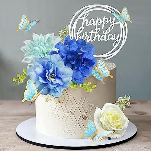 19 PCS Flower Cake Toppers Butterfly Cake Decorations Happy Birthday Cake Toppers with Artificial Blue Rose Flowers Eucalyptus Butterflies for Girls Birthday Party Wedding Baby Shower Supplies Blue