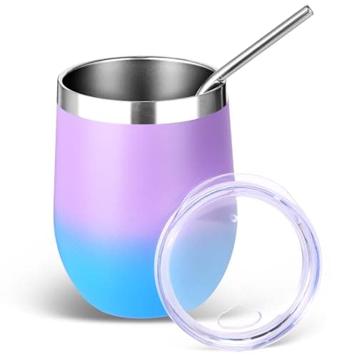 Volhoply 12oz Stainless Steel Wine Tumbler with Lid and Straw,Double Wall Vacuum Insulated Stemless Wine Glasses,Reusable Travel Coffe Mug for Cold Drinks,Tumblers Gifts for Women Men(Lavender,1 Set)