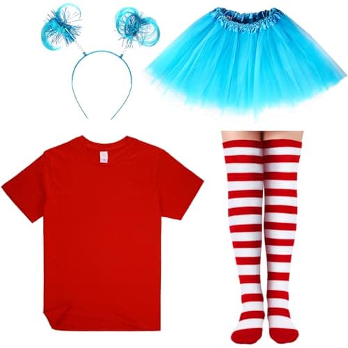 Tulle Tutu Costume Accessories Set, T Shirt Striped Thigh High Socks Tutu Skirt, Adult Size (Cute Color,Small)