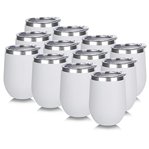 DOMICARE Stainless Steel Wine Tumbler Bulk with Lid Personalized White Insulated Tumblers Set 12oz Travel Coffee Cups Pack of 12