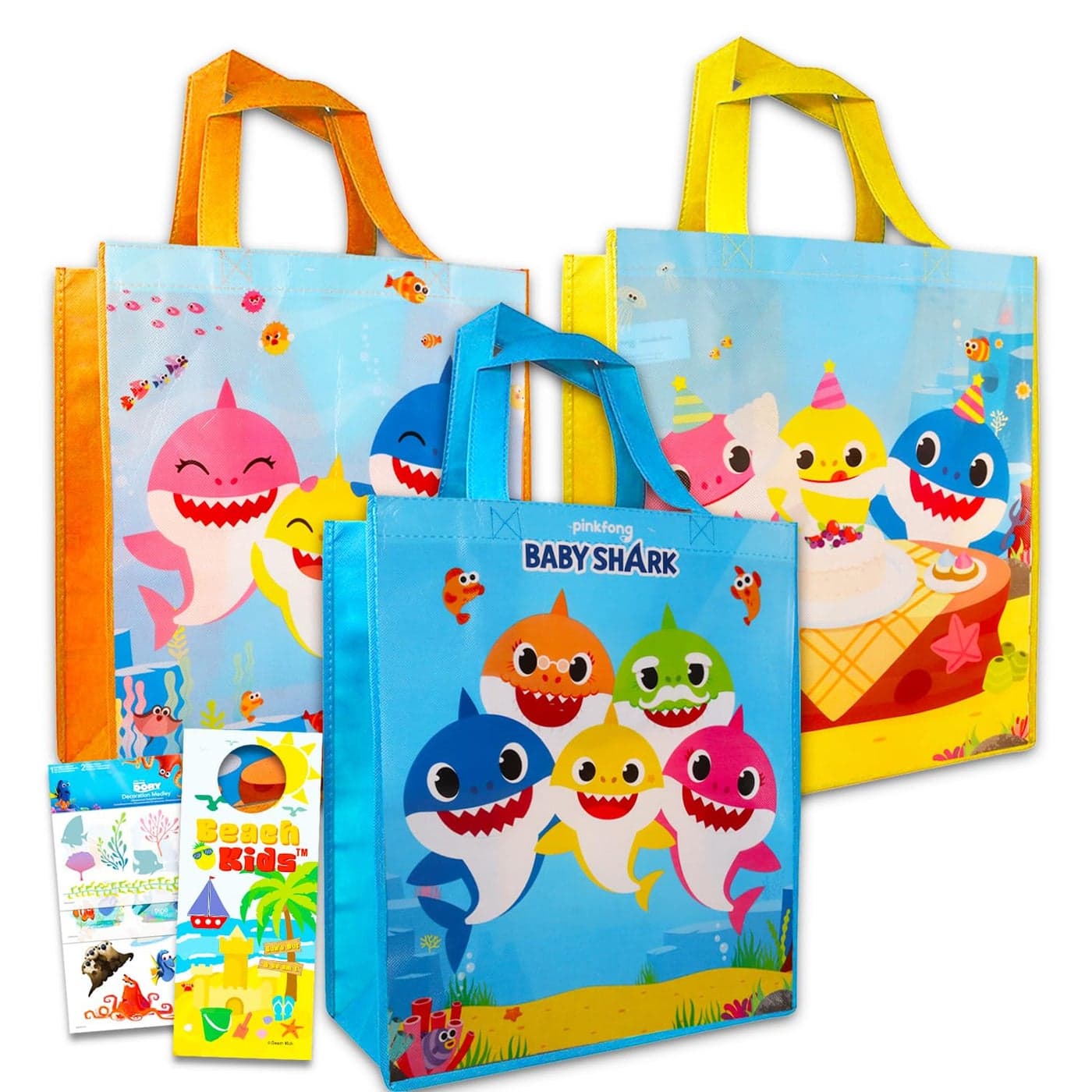 Baby Shark Tote Bag Bundle 3 Large Baby Shark Reusable Grocery Bags Travel Totes for Kids Party Supplies Party Favors Plus Stickers More Baby Shark Reusable Tote Bag