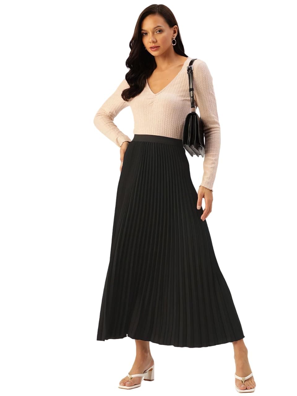 OTABU | Women Accordion Pleat Maxi Flared Skirt | Lightweight & Comfortable | Stylish Long Skirt | Outings & Special Events Black