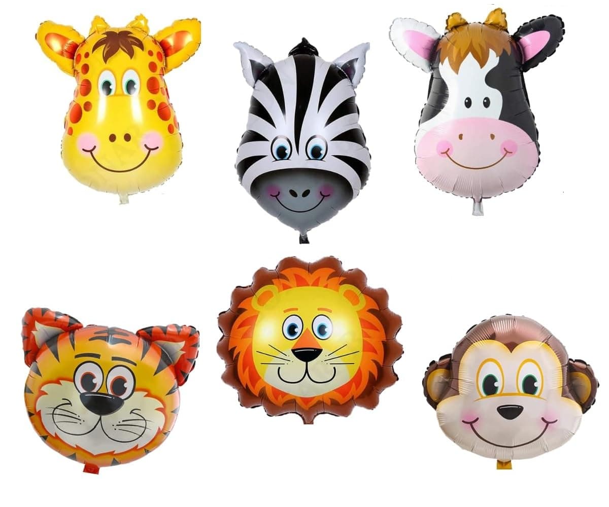 FI - FLICK IN 7 Pc Jungle Theme Balloons Animal Face Foil Balloon for Birthday Decoration for Boys Girls (Pack of 7, Multicolor)