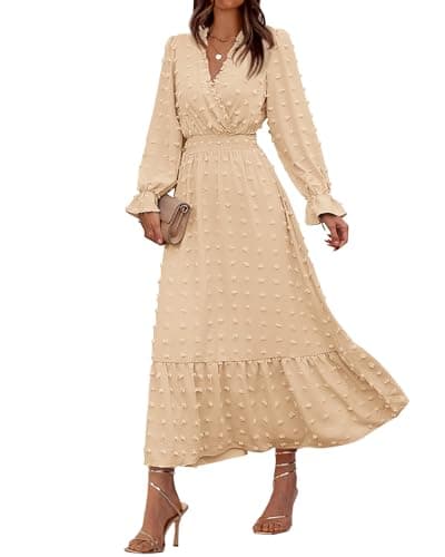 BTFBM Women Fall Maxi Dresses 2025 Long Sleeve V Neck Swiss Dots High Waisted A-Line Ruffle Boho Long Dress Vacation(Beige,Small)