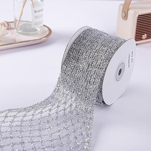 CSZD RIBBON Silver Stretchable Glitter Diamond Mesh Ribbon Wired Ribbon Wide 25 to 7 for Christmas TreeWreaths SuppliesHome Decor Gift WrappingDIY Crafts 25 x 5 Yards x 1 Rolls Silver