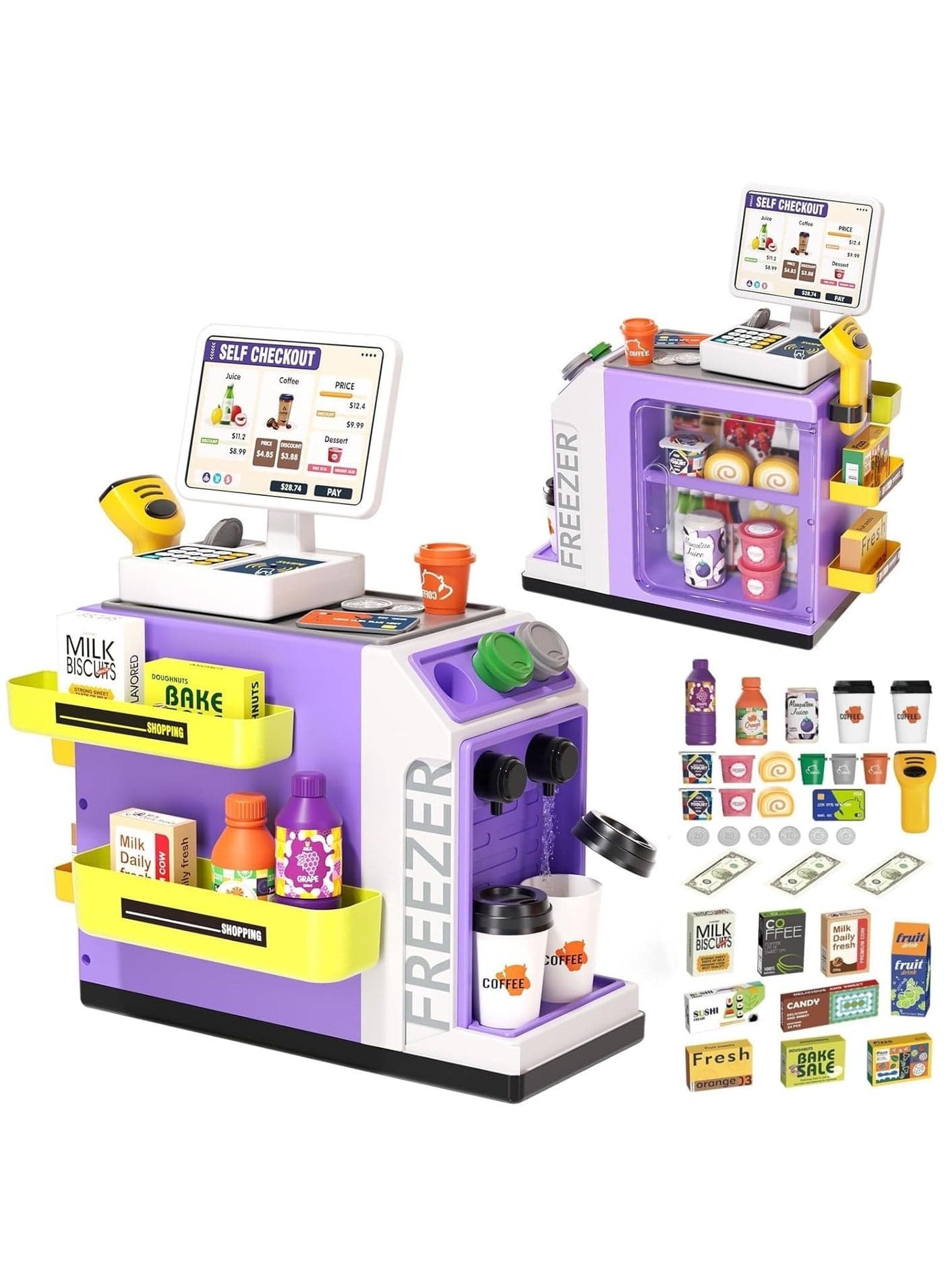 46-Piece Pretend Play Cash Register Toy Set with Water Outlet Function - Calculator, Scanners, Credit Cards, Coffee Machine, Play Food - 3+Gift for Boys and Girls Ages (purple)