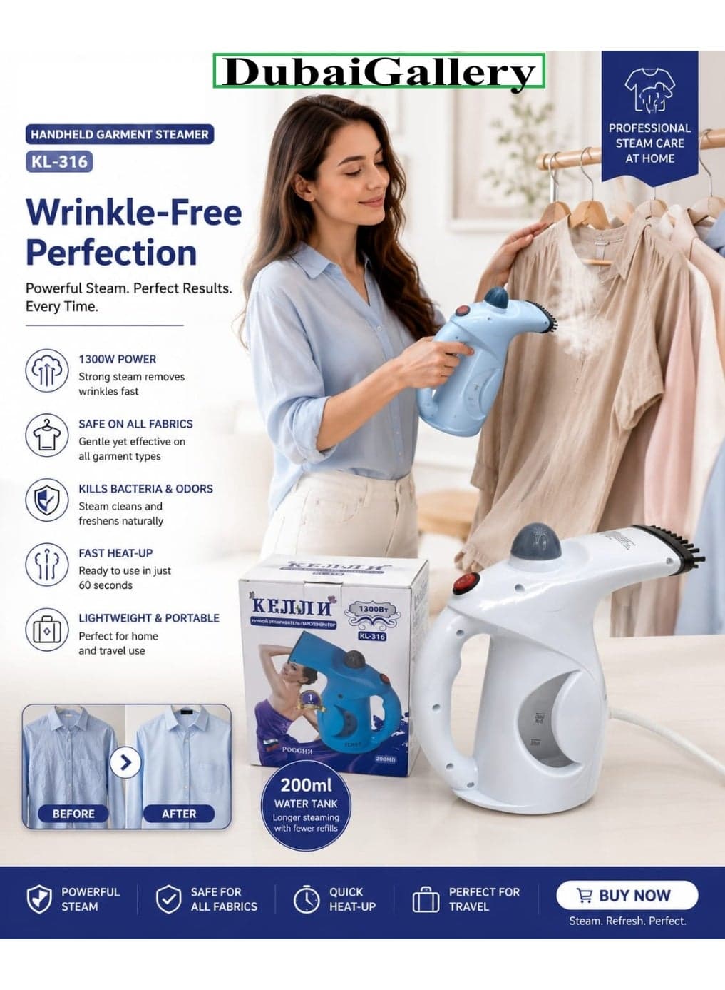 KL-316 garment steamer featuring powerful 1300W steam, a 200ml water tank, fast 60-second heat-up, fabric-safe performance, lightweight design, and convenient portability for home, office, and travel use.