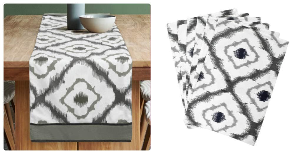 Dekor World 3 Ikat Printed Grey Table Runner with 4 Pcs Place Mat (33x120cm/33x47cm) (Pack of 5 Pcs)-4 Seater Dinning & Center Table