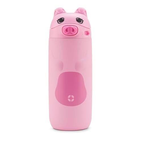 Ello Ellies 12oz Vacuum Insulated Stainless Steel Kids Water Bottle with Straw and Builtin Carrying Handle and LeakProof Locking Lid for School Backpack Lunchbox and Outdoor Sports Pig