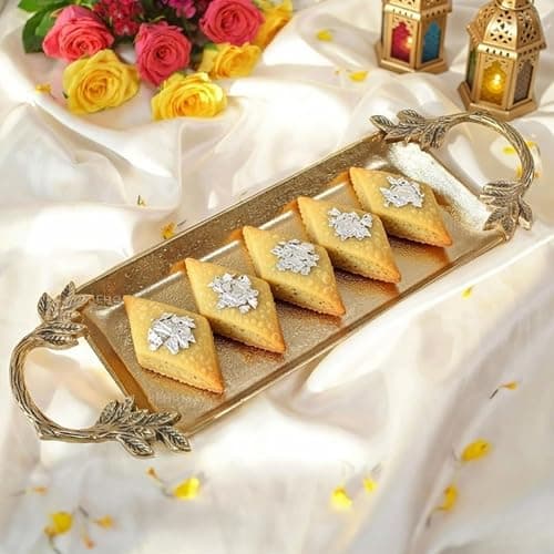 Behoma Aluminium Golden Serve Tray with Leaf Handle for Center Table Centerpiece| Serving Platter for Home Decor Kitchen Dining | Durga Puja Navratri Plater for Sweets, Cookies, Dry Fruits, 16.7" inch