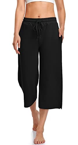 UEU Womens Capris Yoga Pants Summer Wide Leg Loose Casual Elastic Waisted Lounge Pajama Cropped Capri Sweatpants Drawstring Palazzo Pant with Pockets Black M