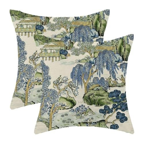 Sage Green Blue Chinoiserie Pillow Covers 18x18 Set of 2 Chinoiserie Tree Leaves Decorative Throw Pillow Modern Outdoor Linen Square Farmhouse Asian Scenic Cushion Cover for Home Couch Sofa