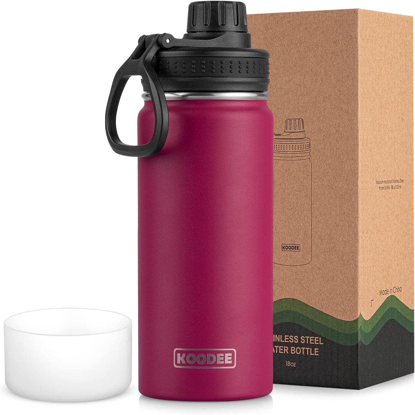 koodee Insulated Water Bottle 18 oz Stainless Steel Double Wall Vacuum Wide Mouth Sport Bottle with Leakproof Spout Lid Fuchsia Red