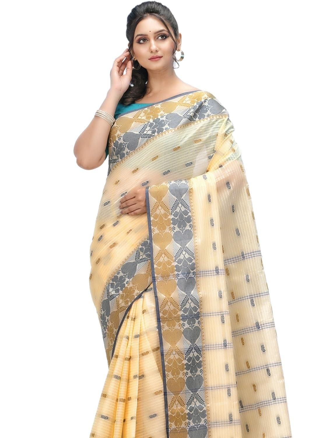 dB DESH BIDESH Women Pure Cotton Traditional Handloom Bengal Tant Saree Noyonchuri Design Without Blouse Piece (Deep Blue Brown)