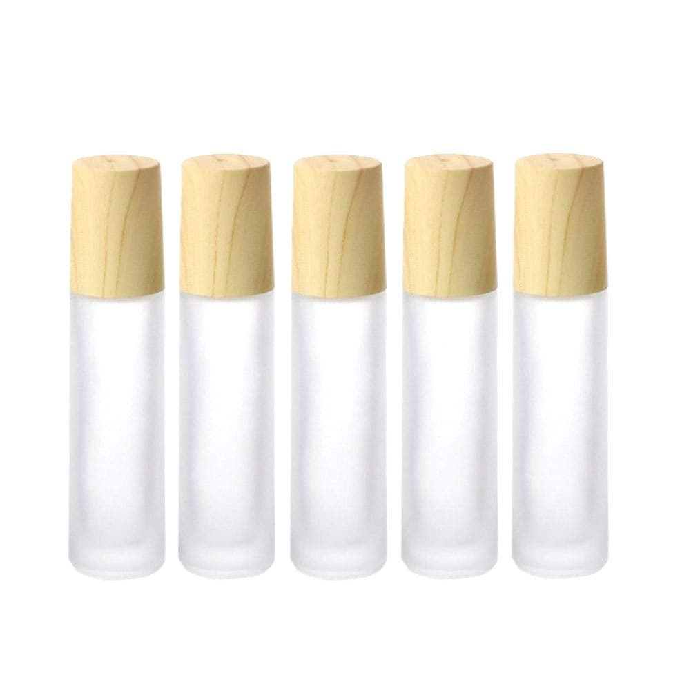 Essential Oil Roller Bottles,5 Pack 10ml Colorful Frosted Glass Roller Bottles with Stainless Steel Roller Balls,Wood Grain Lid Perfume Roll on Bottles Lip Balms Container (White frosted)