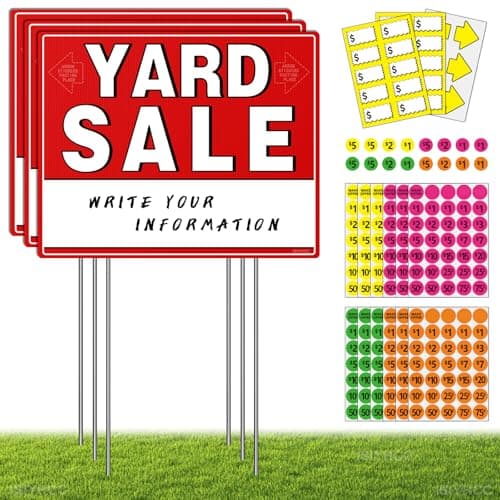 Yard Sale Signs Kit with Price Stickers 8 Pack 3 Pcs Yard Sale Signs with Stakes 5 Pcs Garage Sales Price Stickers Directional Arrows Sign Garage Sales Supplies Large Prices Tags Double Sided