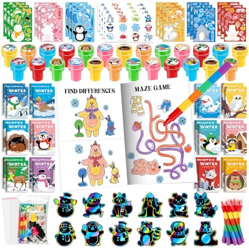 BenLouis Winter Party Favors Set Holiday Themed Coloring Book Classroom Gift Prizes Bulk for Students Kids Christmas Frozen Birthday Goodie Bag Stuffers Pinata Filler 48Set Animals