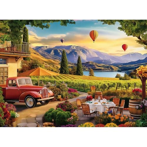500 Piece Jigsaw Puzzle for Adults Scenic Vineyard with Hot Air Balloons Red Truck Relaxing and Beautiful Puzzle for Adults Teens Recycled Cardboard 205 x 15