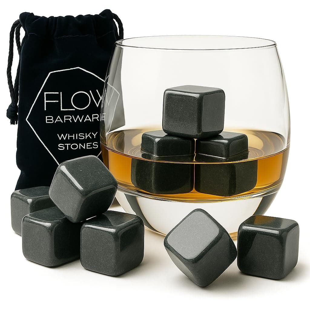 FLOW Barware Whiskey Stones 12x Polished Granite Reusable Ice Cubes Whisky Gifts for men Bourbon Scotch Rum Whiskey Rocks Whisky Stones with Storage Pouch