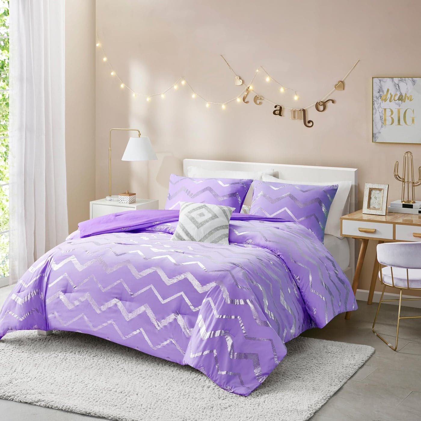 Codi Twin XL Bedding Set Cute Purple Bed Set Metallc Print Comforter 3 Piece Sets for Girls Includes 1 Comforter 1 Decorative Pillow and 1 Pillow Case All Season Lightweight and Warm