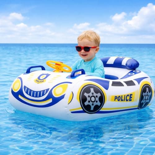 Baby Pool Float Police Car Design NoFlip Toddler Pool Float with Backrest Wheel Inflatable Boat Floaties for Toddlers 13 Kids Pool Floats for Boys Girls Ages 15 Thick PVC Baby Swim Float