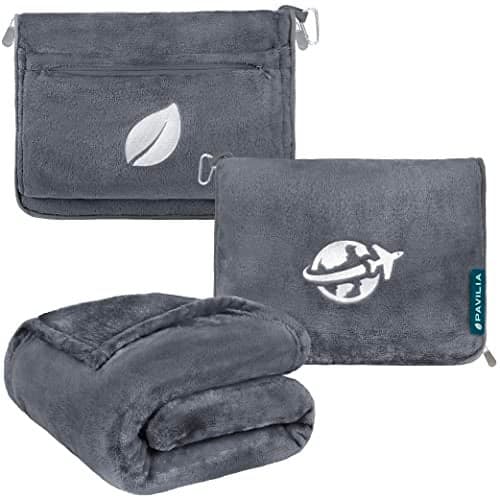 PAVILIA Travel Blanket and Pillow Arms Opening Airplane Blankets for Adults Compact Plane Blanket with Arm Hole 2in1 Bag for Flight Car Camping Fit in Luggage Backpack Traveler Gift Dark Gray
