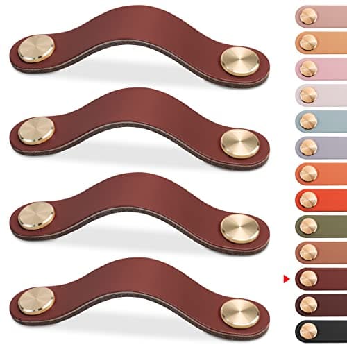LEREATI 4 Pack Leather Drawer Pulls Brown Cabinet Handles 3.7 inch Dresser Knobs Cabinet Door Handle, Faux Leather Pulls for Dresser, Closet, Kitchen Cupboard (3.7in Hole Center, Brown)