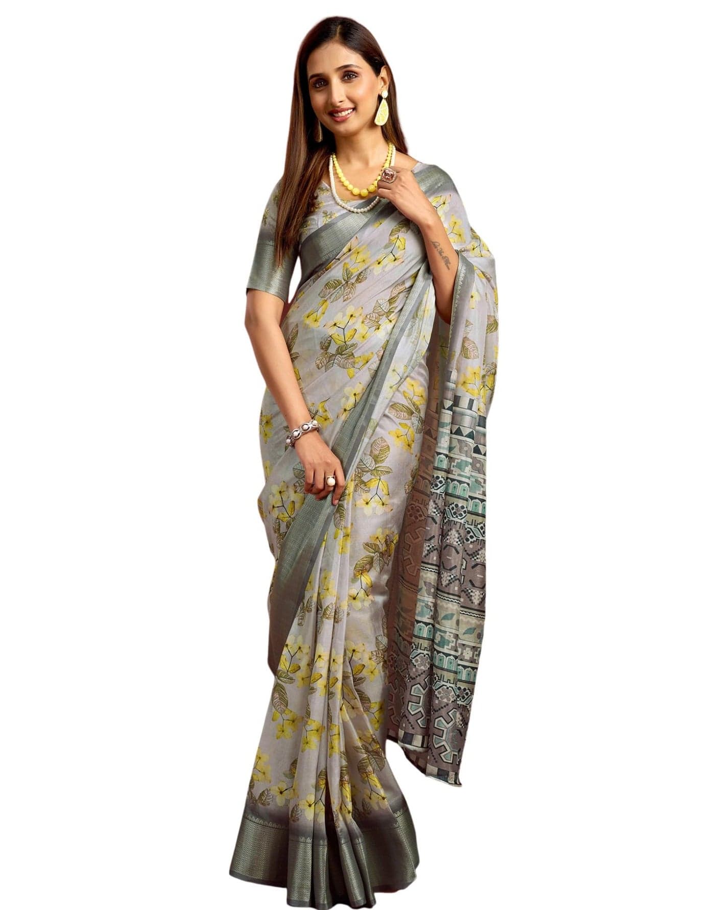 SIRIL Women's Dola Silk Printed Jacquard Border Ready To Wear Saree with Unstitched Blouse Piece (65RS192_Light Grey)